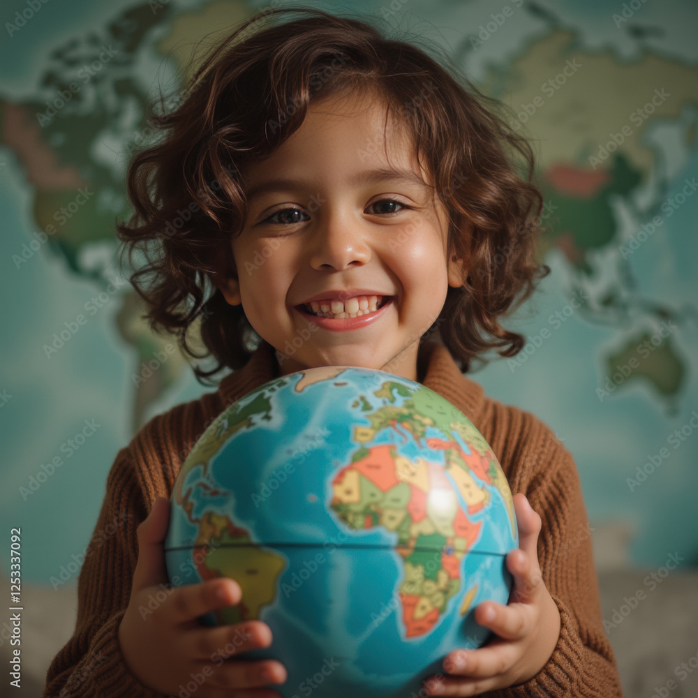 Happy child holding globe, smiling with world map background, exploring geography and cultures Happy child holding globe, smiling with world map background, exploring geography and cultures