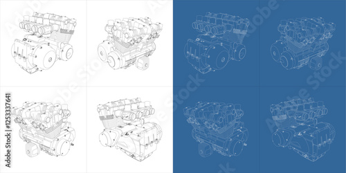 set Technical Line Drawing of a 750cc 4-Cylinder Motorcycle Engine in Multiple Perspectives