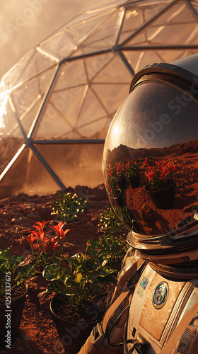 astronaut standing near a futuristic greenhouse on mars with translucent geodesic domes and vibrant plants growing in red soil reflecting on the helmet under warm sunlight creating a sci fi atmosphere photo