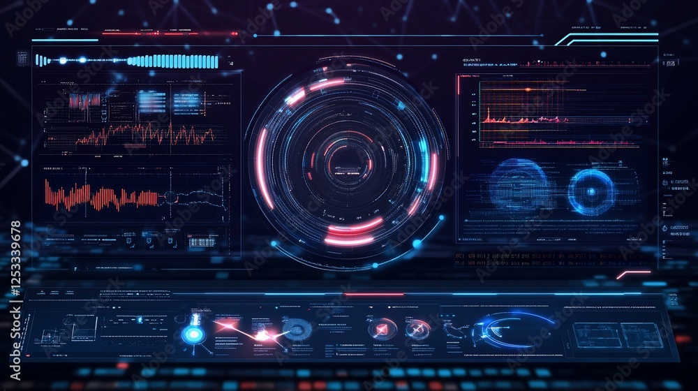 Futuristic digital interface with data visualizations and glowing elements on a dark background Futuristic digital interface with data visualizations and glowing elements on a dark background