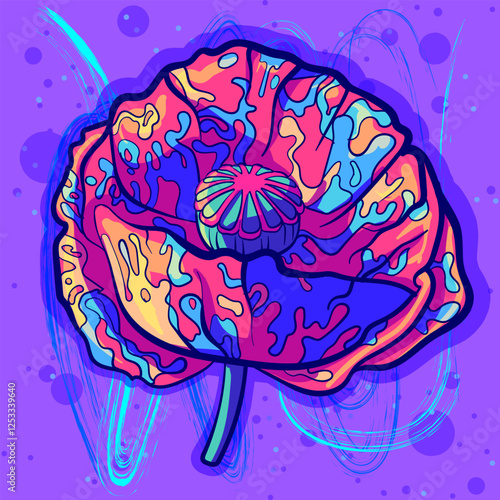 Isolated clipart of a psychedelic poppy covered in paint. Red funky papaver somniferum with trippy acid goo on the petals.