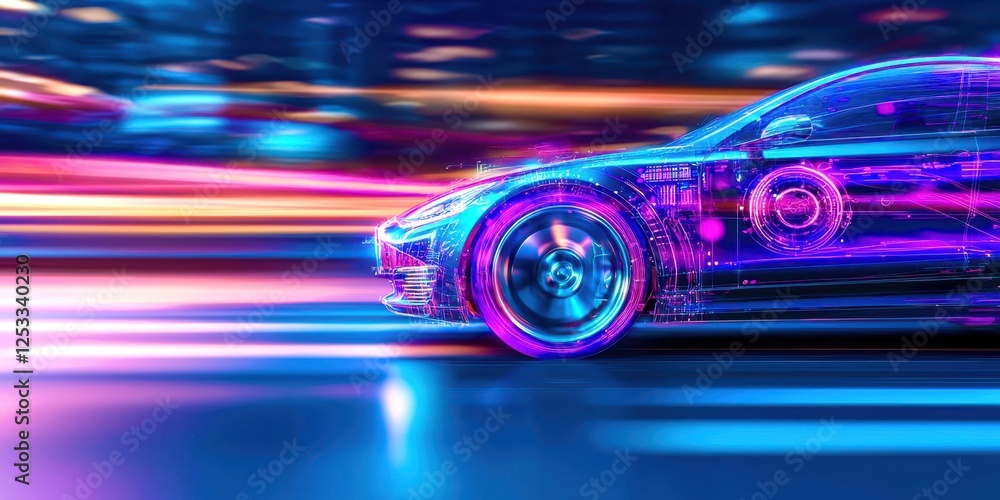 Fototapeta premium Car is shown in a blurry image with a purple wheel