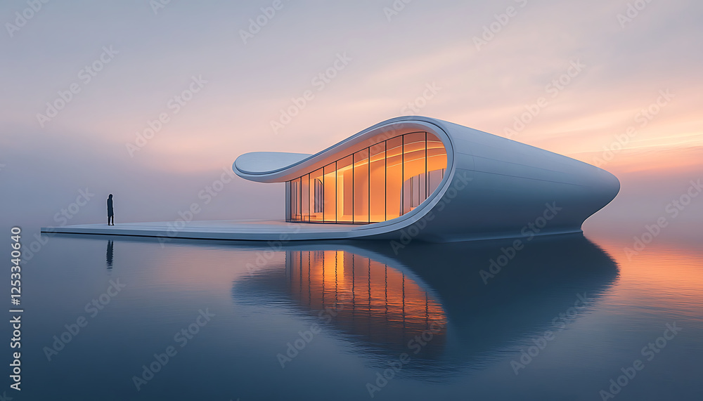 minimalist building with unique wave like design, reflecting on water at sunset. structure features large glass windows and serene atmosphere minimalist building with unique wave like design, reflecting on water at sunset. structure features large glass windows and serene atmosphere