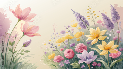 Watercolor spring floral background, soft pastel blooms in vibrant pink, yellow, and lavender, fresh and uplifting with copy space 