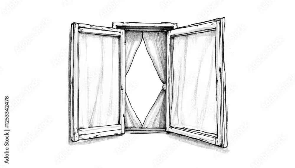 Black and white sketch of open windows with sheer curtains, creating a classic and elegant design Black and white sketch of open windows with sheer curtains, creating a classic and elegant design