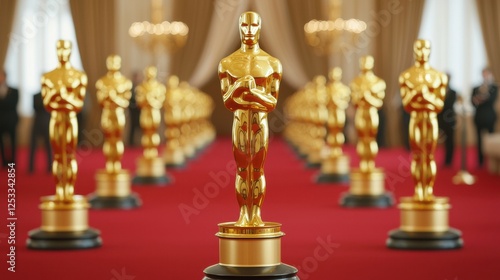 Golden statuettes on red carpet in an elegant awards ceremony setting