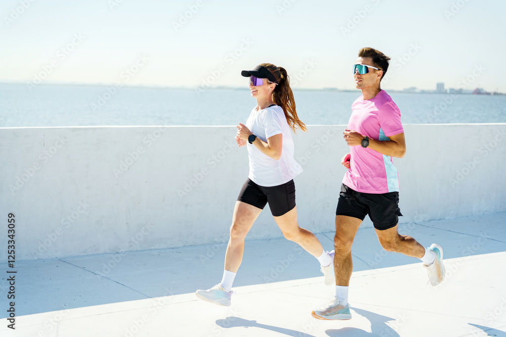 Fototapeta premium Couple enjoys a sunny morning jog along a waterfront path in a coastal city
