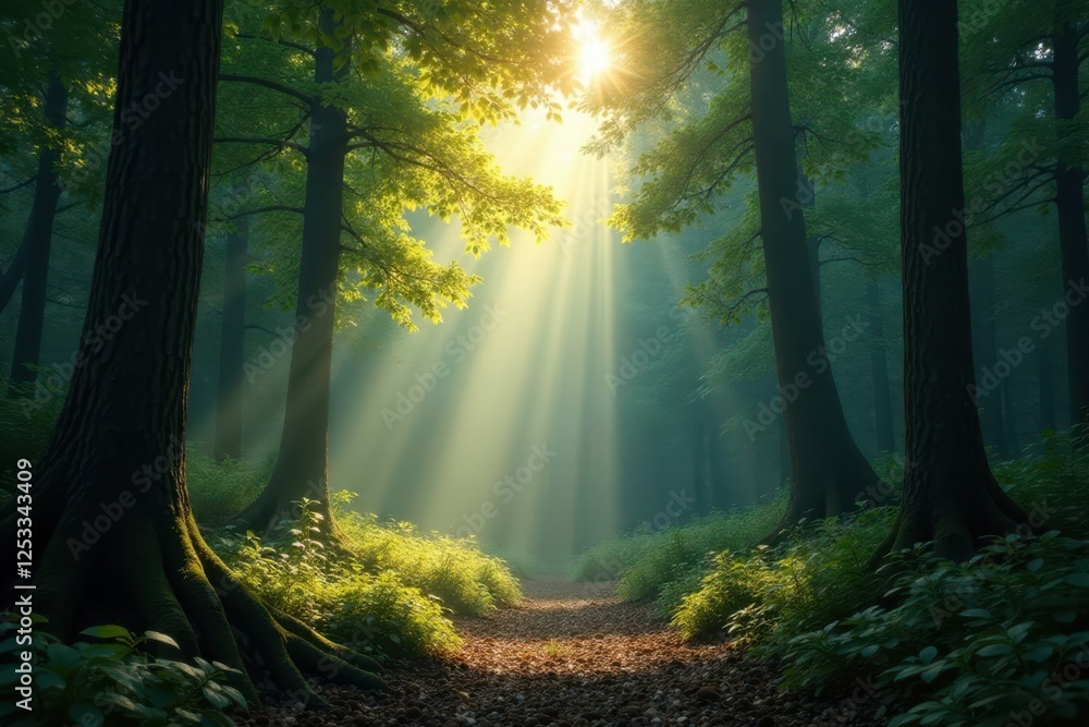 Obraz premium Sunbeams pierce dense foliage, creating ethereal glow in deep forest , landscape, magical