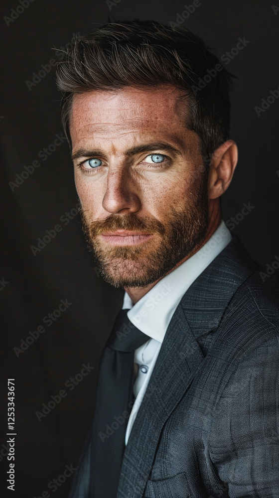 Attractive man with blue eyes, dark short hair, and a well groomed beard wearing a formal suit against a moody dark background Attractive man with blue eyes, dark short hair, and a well groomed beard wearing a formal suit against a moody dark background