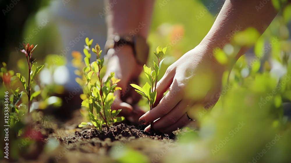 Fototapeta premium Hands planting shrubs, sunny garden