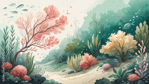 Watercolor Abstract Background, Flowing Washes of Soft Corals and Greens, Capturing Spring Renewal with Copy Space