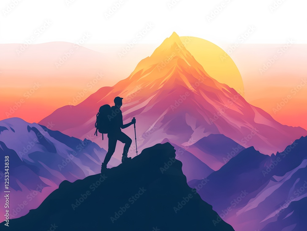 Fototapeta premium Adventurer Climbing Mountain at Sunrise with Colorful Background