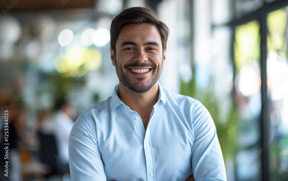 Confident professional man with a warm smile in a modern office environment Confident professional man with a warm smile in a modern office environment