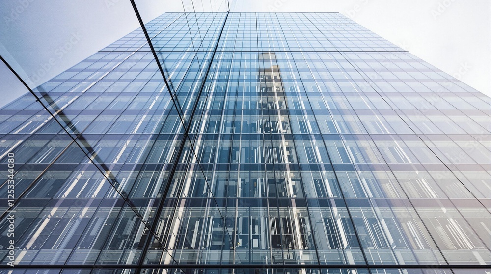 Obraz premium Looking up at a modern glass skyscraper reflecting the sky 