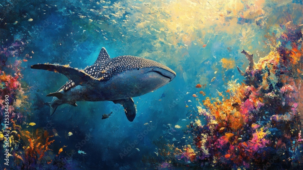 Fototapeta premium Whale Shark Gracefully Swimming Through Vibrant Coral Reef