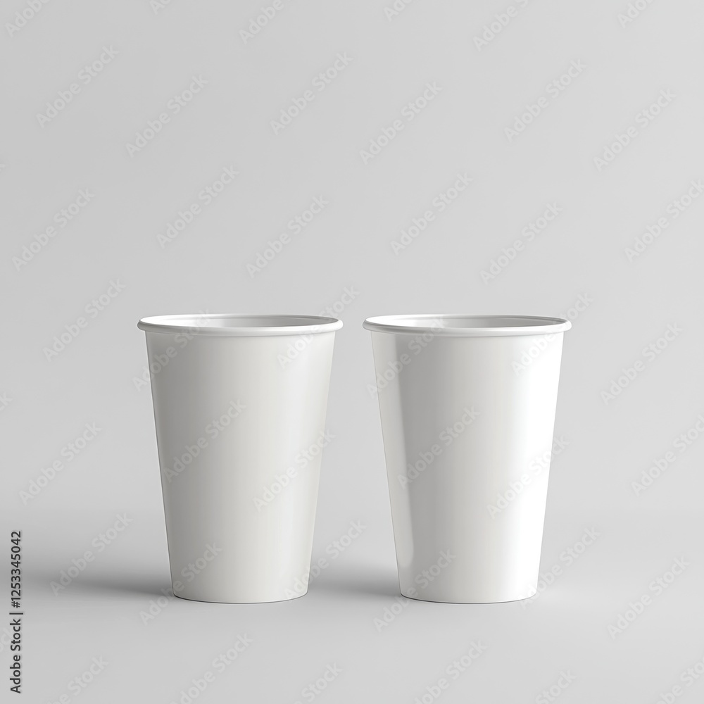 Two blank white paper cups on grey background, mockup for branding Two blank white paper cups on grey background, mockup for branding
