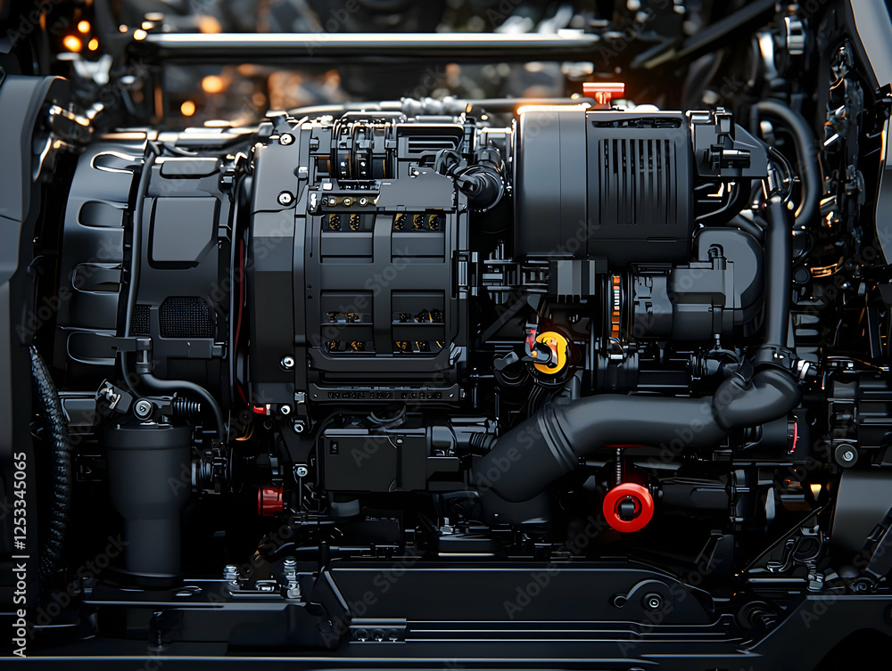 Obraz premium Powerful engine close-up, industrial setting, background blur