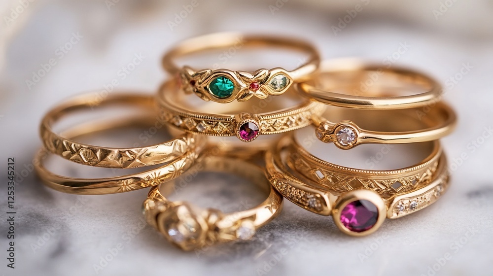Elegant Stack of Gold Rings with Gemstones: Exquisite Jewelry Collection Featuring Delicate Designs and Vibrant Colors Elegant Stack of Gold Rings with Gemstones: Exquisite Jewelry Collection Featuring Delicate Designs and Vibrant Colors