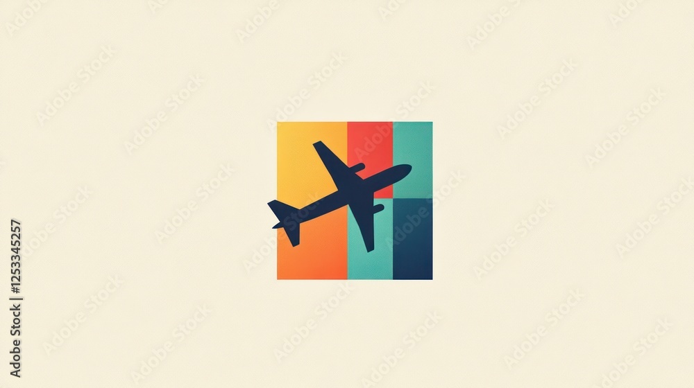 Obraz premium Airplane silhouette in a colorful square graphic. Stock photo for travel or aviation