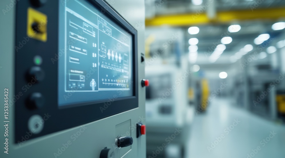 A control panel with an LED display in a modern factory hall, an industrial concept of a digital quality management system for the production process and innovative technology on a white background. A control panel with an LED display in a modern factory hall, an industrial concept of a digital quality management system for the production process and innovative technology on a white background.