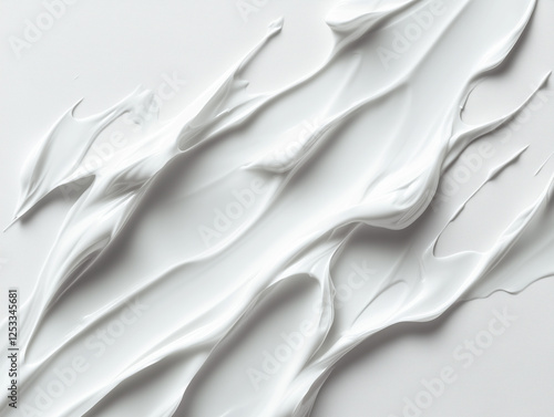 White cosmetic cream texture, background with abstract liquid waves and swirls for beauty product advertising or presentation design. Close-up view of smooth white skincare cream in a flat lay composi