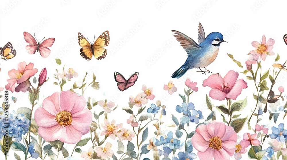 Obraz premium Watercolor floral border featuring a couple of birds and blossoms on a white background. 