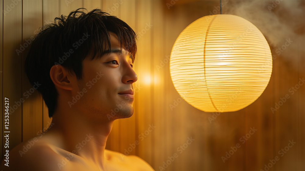 Naklejka premium 和紙ランプの優しい光に照らされた日本人男性の横顔クローズアップ