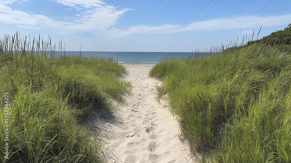 Fototapeta premium A narrow sandy path leading to a secluded beach, surrounded by tall dune grasses