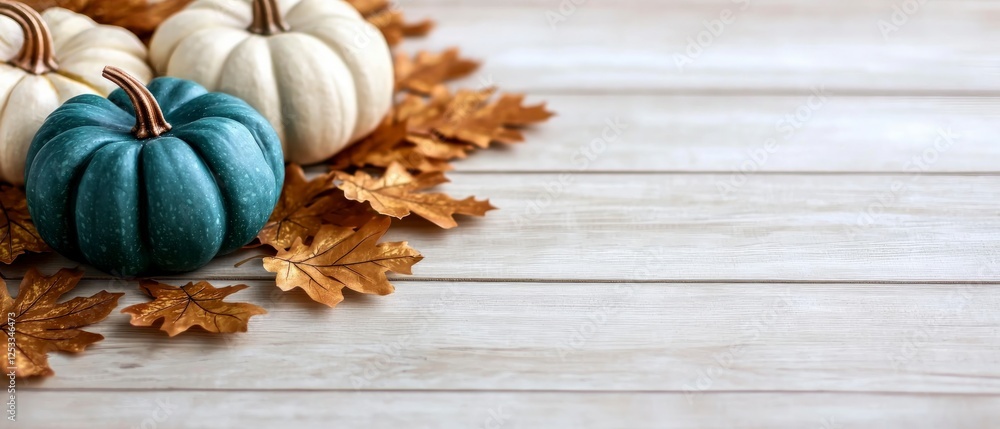 Teal and White Pumpkins with Gold Autumn Leaves on Wooden Background Teal and White Pumpkins with Gold Autumn Leaves on Wooden Background