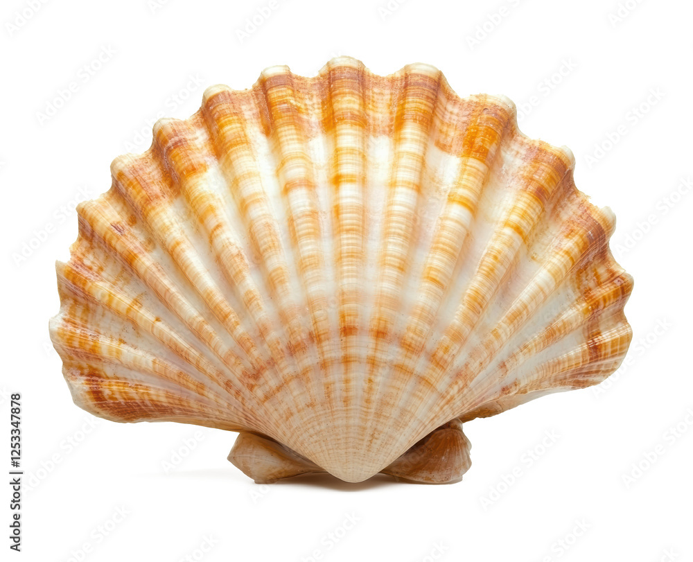 Scallop shell isolated on a white background, studio shot. Scallop shell isolated on a white background, studio shot.