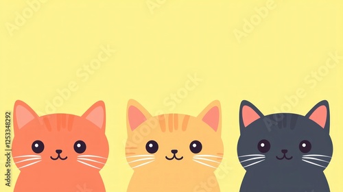 Three Cute Cartoon Cats on Yellow Background