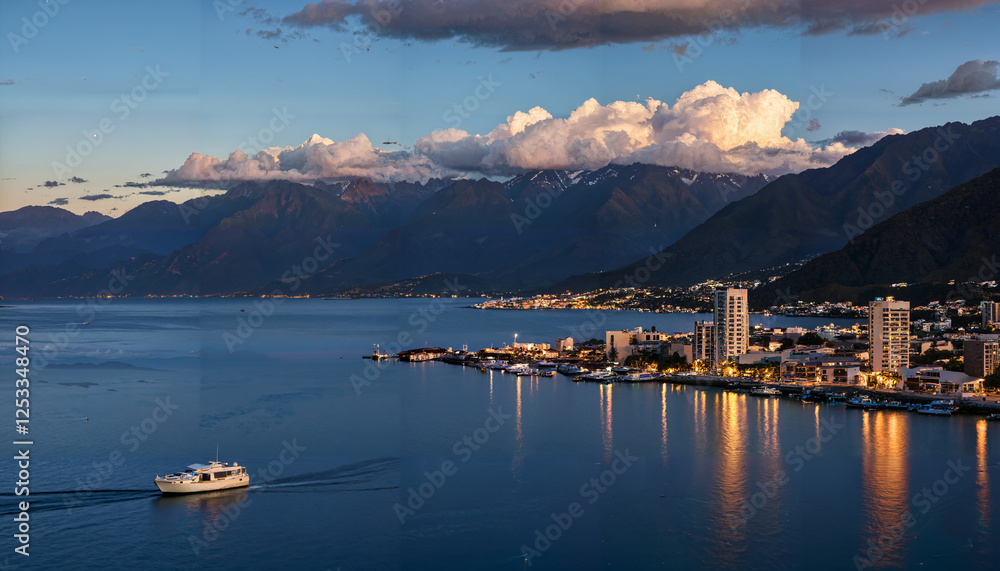 Naklejka premium Le calme d'une ville côtière à la tombée du jour