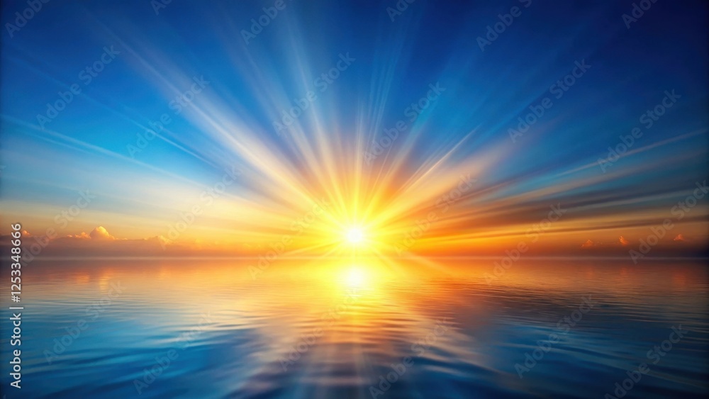 Obraz premium Radiant Sunrise Over Calm Water, Peaceful Dawn Scene with Vibrant Colors and Celestial Rays
