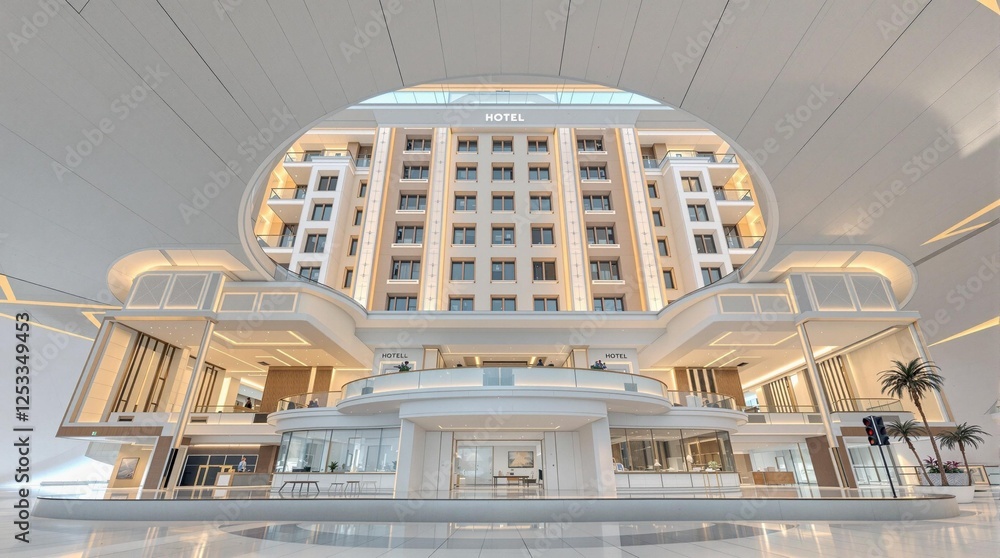 Obraz premium Modern hotel lobby with a grand architectural design and open space