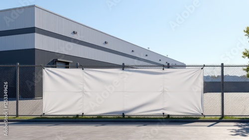Mesh Banner Mockup,  mesh banner on fence detailed warehouses photorealistic.