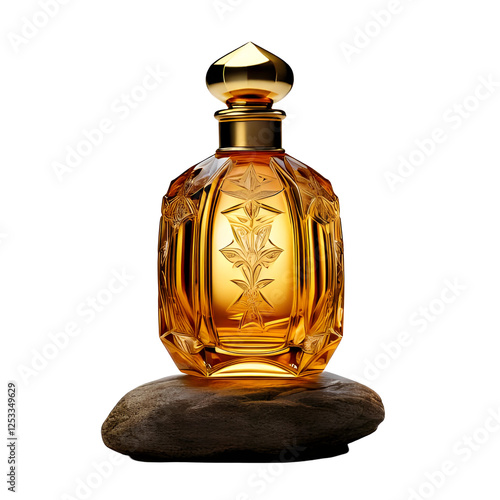 Golden perfume bottle isolated on Transparent Background.	