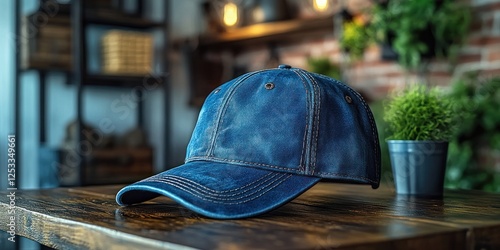Stylish Blue Denim Baseball Cap on Wooden Table