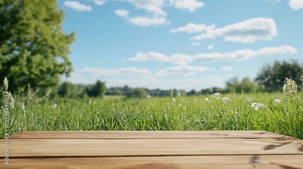 Empty wooden table in grassy field, sunny day Empty wooden table in grassy field, sunny day