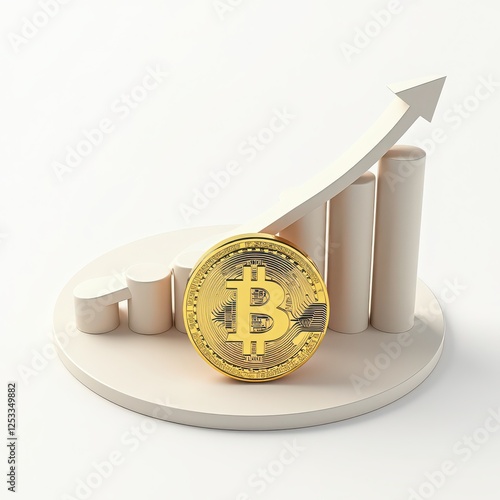 Golden Bitcoin Coins with Growing Graphs and Arrows Representing Cryptocurrency Market Growth, Financial Investment Success, Blockchain Technology, and Digital Currency Trading on White Background