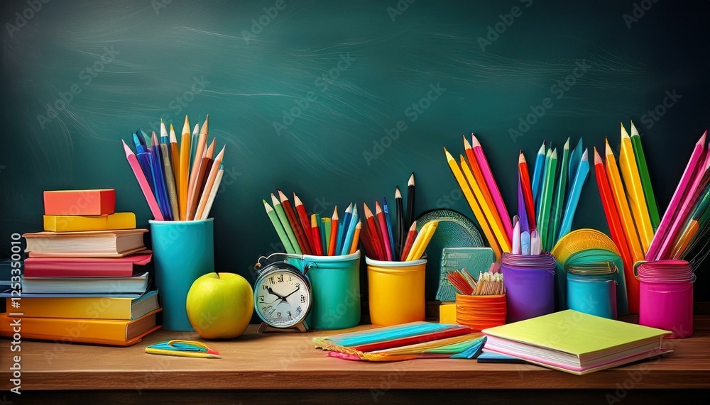 Obraz premium colorful school stationery on table on blackboard background ai generated illustration
