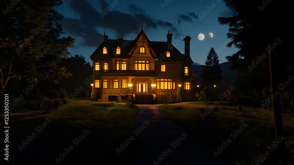 A haunted Gothic mansion in the moonlight, spooky trees and black cumulonimbus clouds with lanterns A haunted Gothic mansion in the moonlight, spooky trees and black cumulonimbus clouds with lanterns