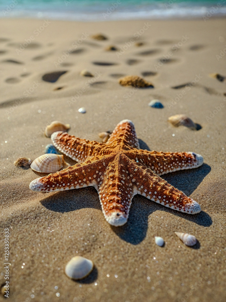 Starfish and seashells on a sunny sandy beach. Starfish and seashells on a sunny sandy beach.