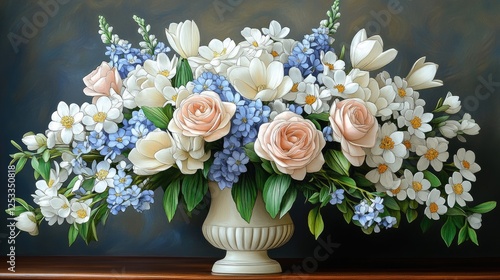 Floral arrangement in a vase, still life,  on wooden shelf, dark background photo