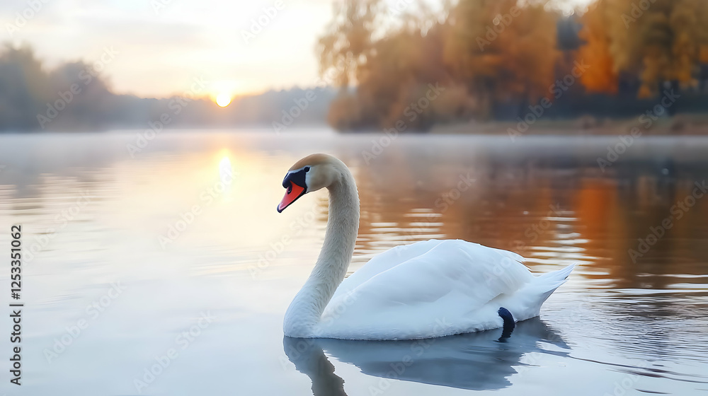 Fototapeta premium Majestic swan on calm autumn lake at sunrise, fog in background; serene nature scene