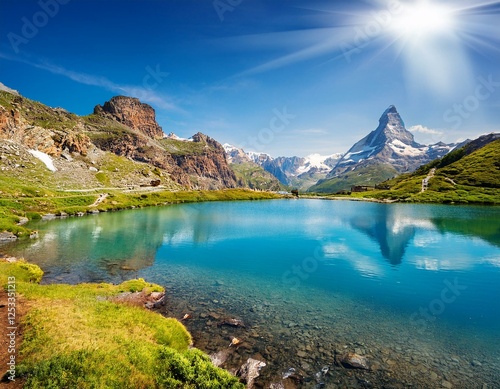 the blue lake and the matterhorn in a scenic summer landscape with sunny lights seen from breuil cervinia aosta valley italy photo