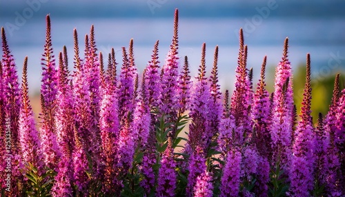 closeup of the reddish purplish flowers of the moist soil loving herbaceous perennial garden plant lythrum virgatum dropmore purple wand or loosestrife filling the frame photo