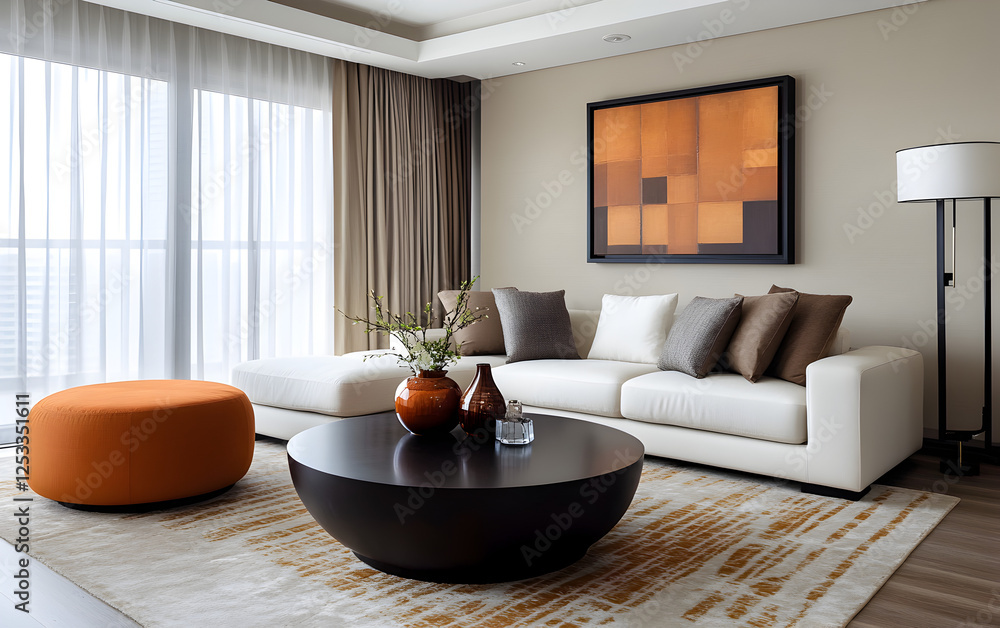 modern living room with orange armchair and white sofa modern living room with orange armchair and white sofa