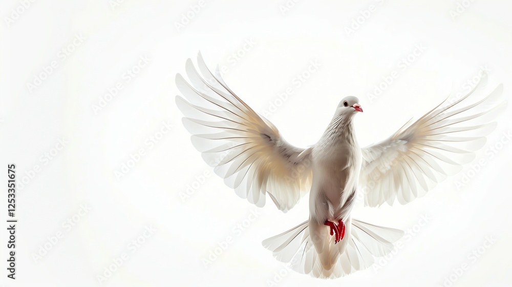 Obraz premium A beautiful white dove flies with its wings spread wide. The bird is a symbol of peace and hope.