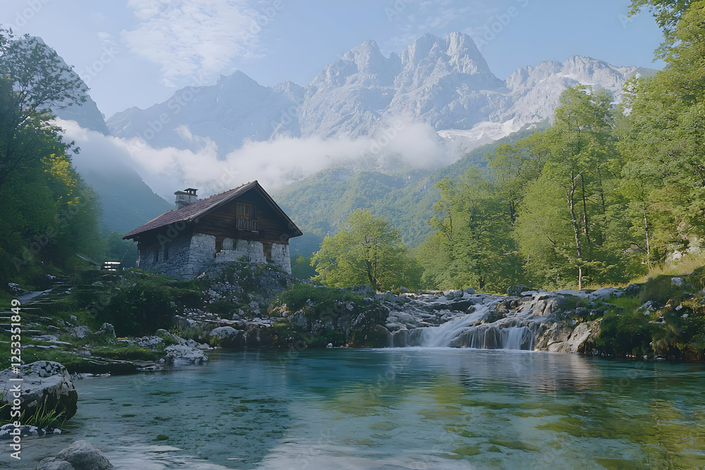 Fototapeta premium Mountain cabin by tranquil river, misty peaks