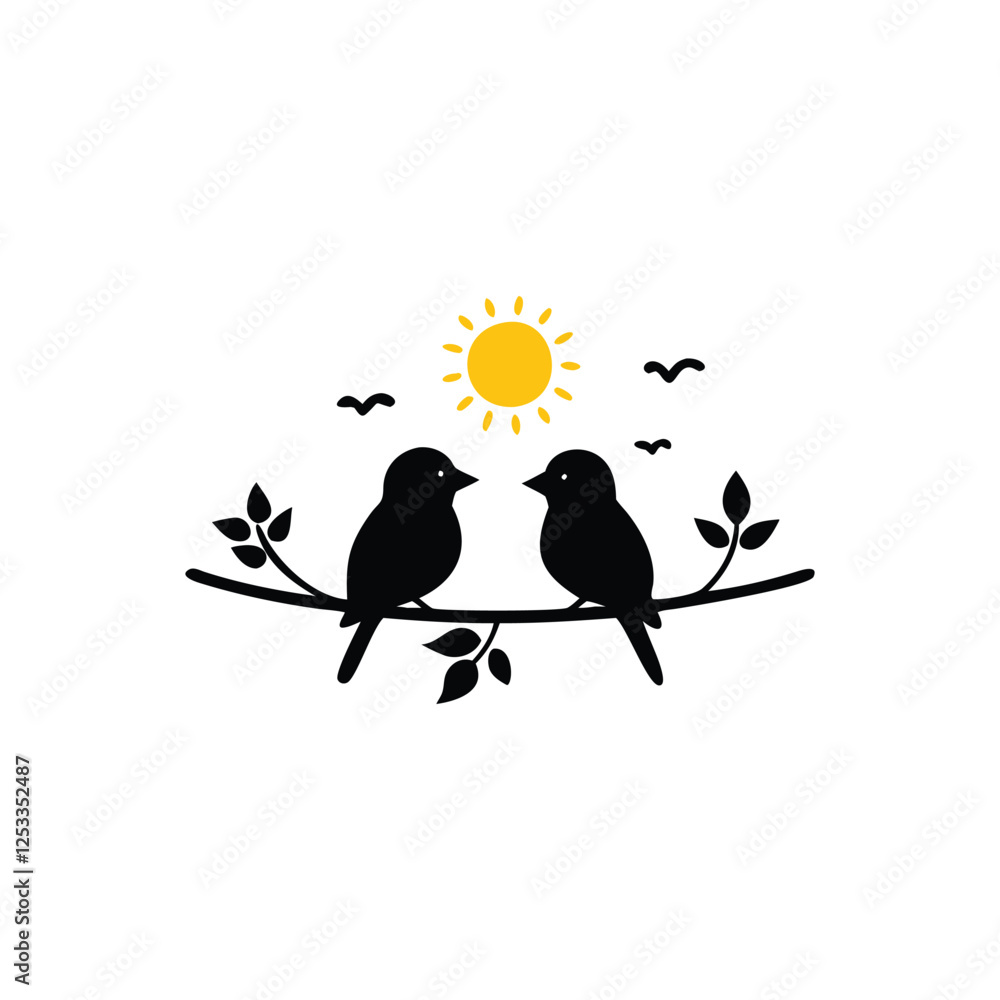 Fototapeta premium birds on branch, anniversary, clip art, concepts, cut out, doodle, enjoyment, flirting, friendship, handwriting, horizontal, icon set, invitation, outline